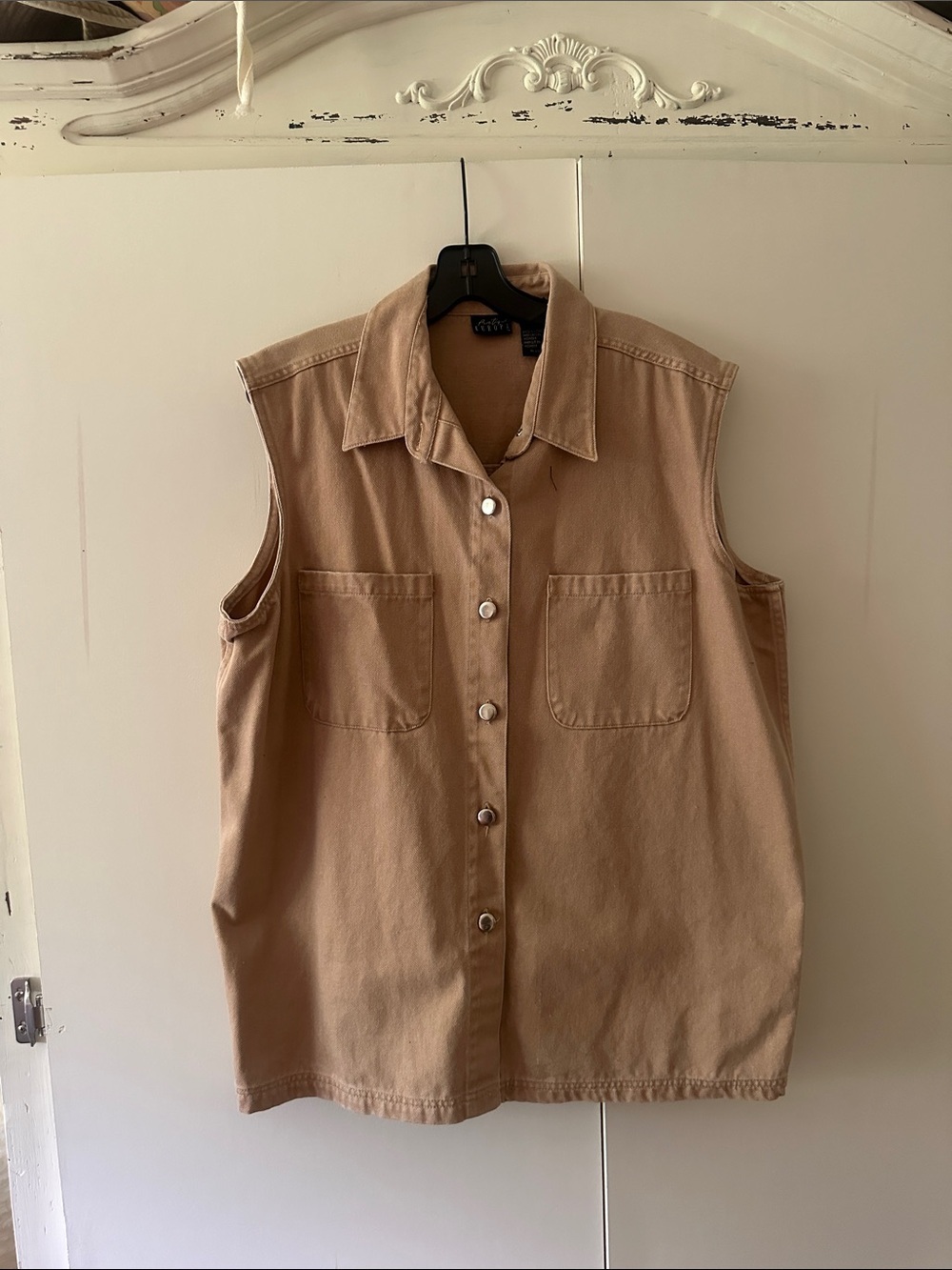 Beige Sleeveless Collared Denim Vest